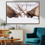 99240306-MGV-CV-36X24-Elk Wall Art – Two Bull Elk Fighting in Snow Canvas Print, Rustic Wildlife Artwork for Cabin, Lodge, Western Farmhouse, Nature &