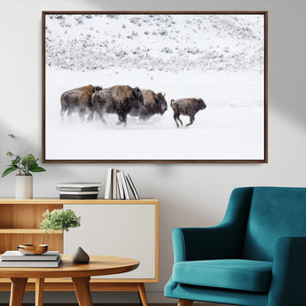 61161423-MGV-CV-36X24-Running Bison Herd Wall Art – Winter Buffalo Canvas Print, Wildlife Photography Decor for Rustic Living Room, Farmhouse, Lodge,