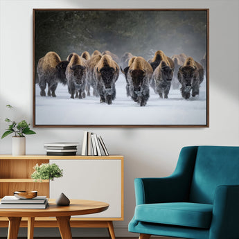 30332489-MGV-CV-36X24-Winter Bison Herd Wall Art – Powerful Buffalo Canvas Print, Rustic Wildlife Photography Decor for Farmhouse, Cabin, Lodge, Living