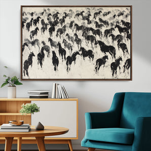 29265745-MGV-CV-36X24-Wild Horse Herd Wall Art – Black and White Galloping Horses Canvas Print, Rustic Western Farmhouse Décor for Living Room, Bedroom,