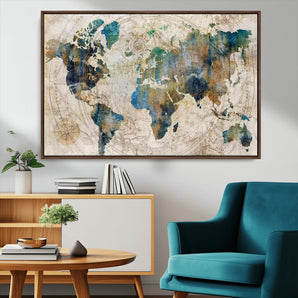 41284219-MGV-CV-36X24-Vintage World Map Wall Art – Rustic Travel Inspired Canvas Print, Antique Style Global Map Artwork for Living Room, Office, Study