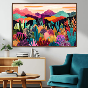 16756910-MGV-CV-36X24-Colorful Desert Landscape Wall Art – Vibrant Mountain Canvas Print, Bold Botanical Artwork for Living Room, Bedroom, Office,