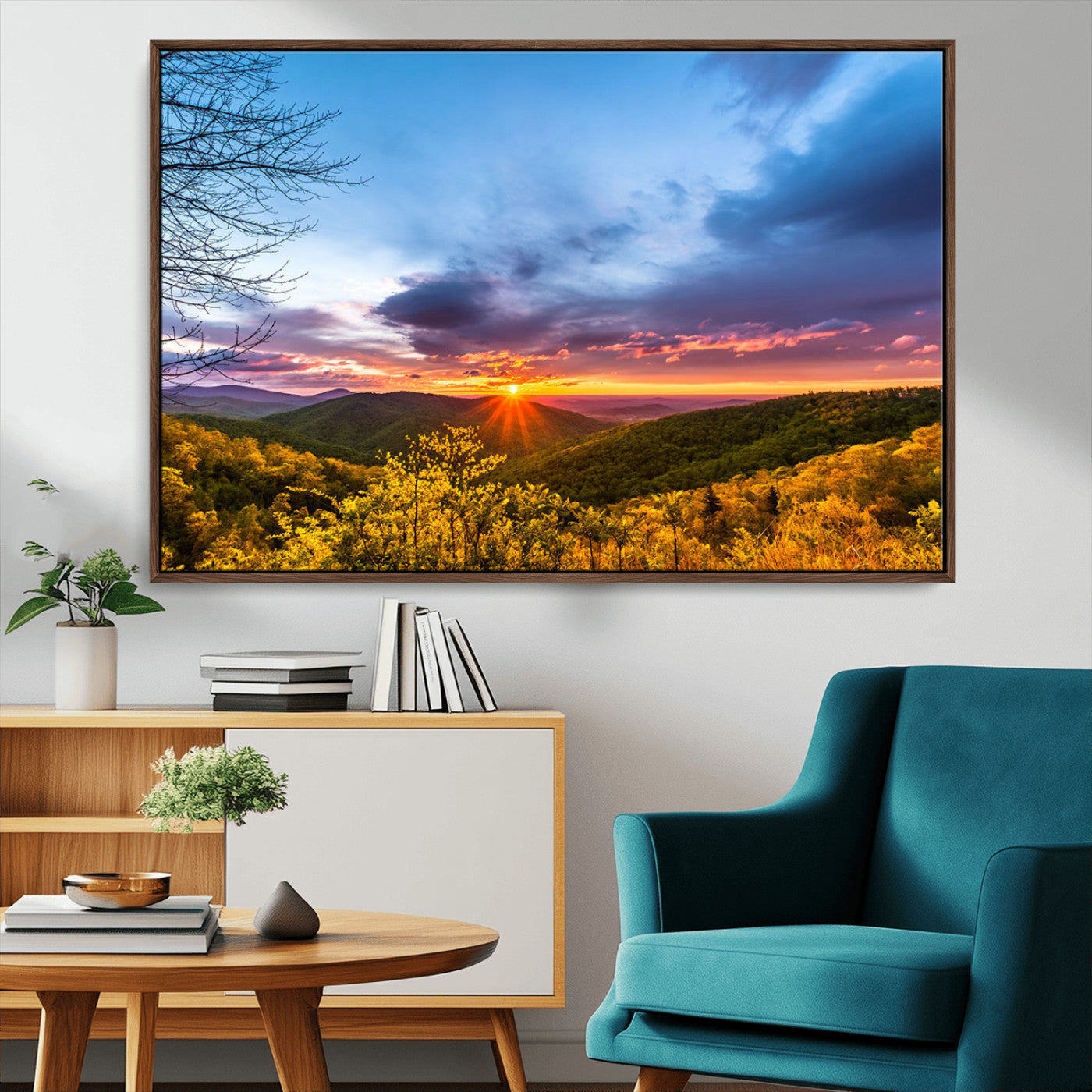 25786346-MGV-CV-36X24-Sunset Over Mountains Wall Art – Nature Landscape Canvas Print, Golden Hour Forest Photography, Scenic Sunrise Artwork for Living