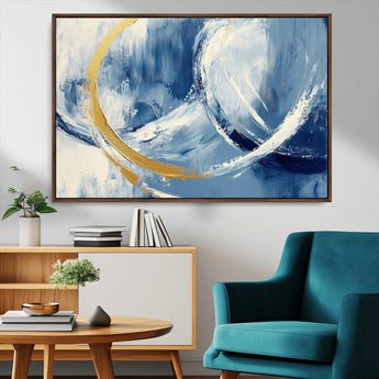 42475677-MGV-CV-36X24-Blue and Gold Abstract Wall Art – Modern Luxury Canvas Print, Navy White Brushstroke Painting, Contemporary Home Office Living