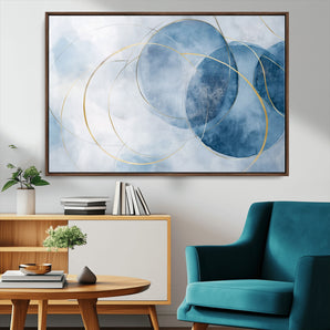 47060443-MGV-CV-36X24-Blue Abstract Circle Wall Art – Modern Gold and Navy Canvas Print, Minimalist Geometric Painting for Living Room, Bedroom, Office