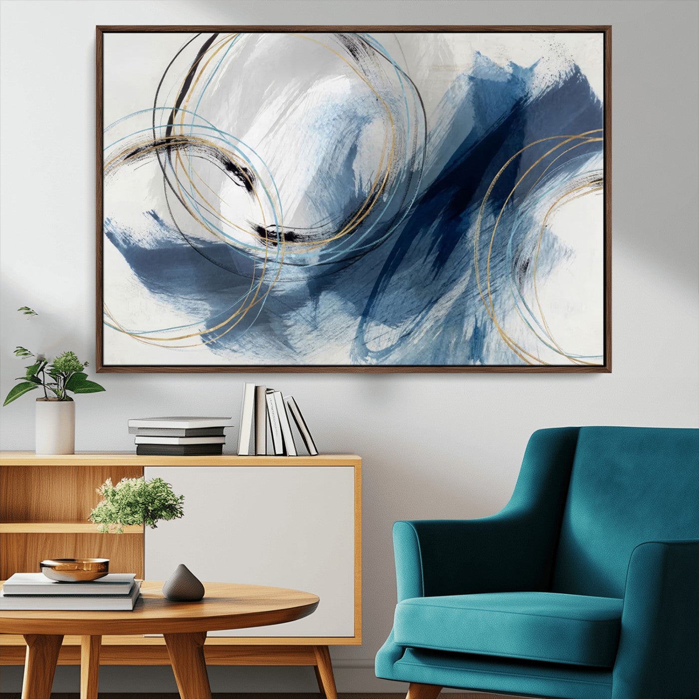 49589477-MGV-CV-36X24-Blue Abstract Wall Art – Modern Circle Canvas Print with Gold and Black Accents, Contemporary Fluid Brushstroke Painting for