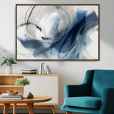 49589477-MGV-CV-36X24-Blue Abstract Wall Art – Modern Circle Canvas Print with Gold and Black Accents, Contemporary Fluid Brushstroke Painting for