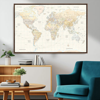 40660043-MGV-CV-36X24-World Map Wall Art – Large Detailed Atlas Style Map Print with Countries, Cities, and Oceans, Neutral Beige and Tan Educational