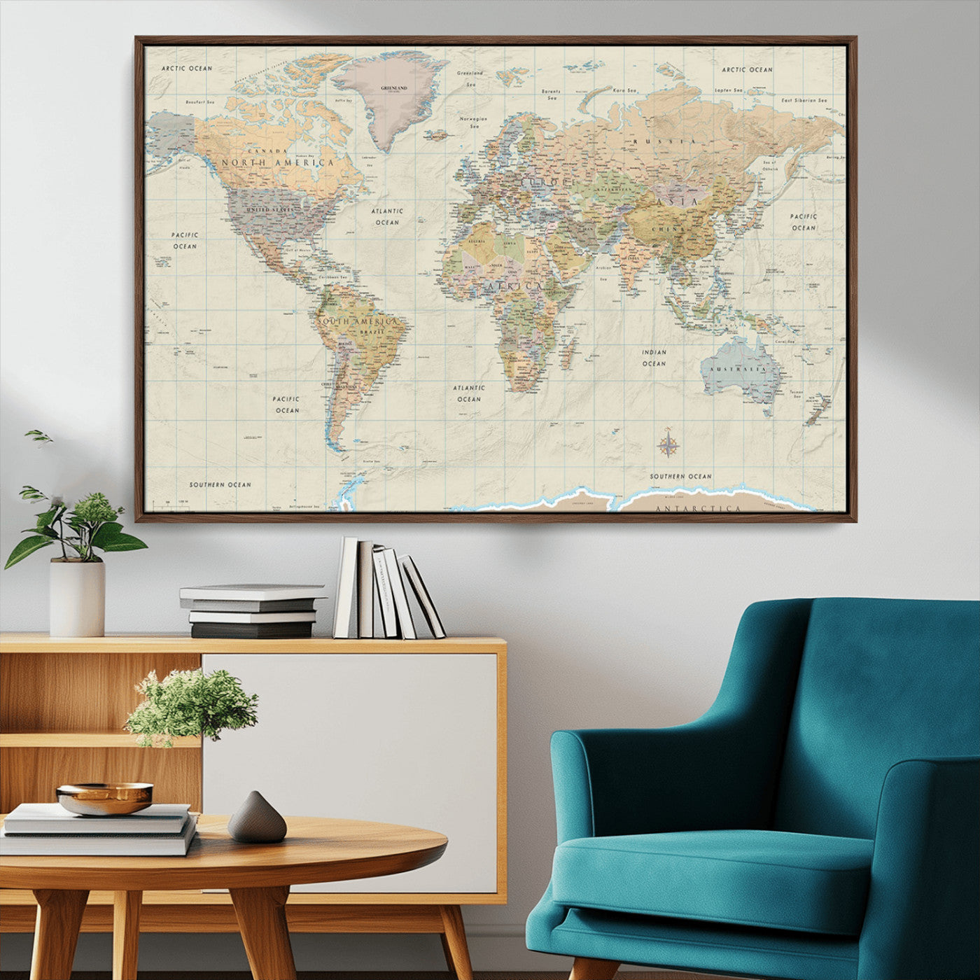41929777-MGV-CV-36X24-World Map Wall Art – Large Detailed Political Atlas Style Map Print with Countries, Cities, and Oceans, Warm Earth Tone