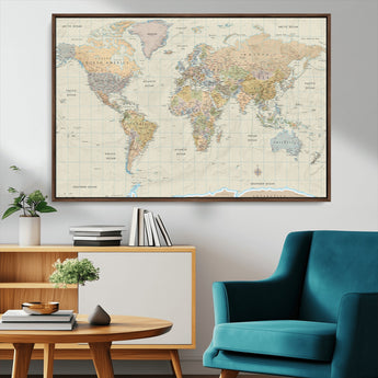 41929777-MGV-CV-36X24-World Map Wall Art – Large Detailed Political Atlas Style Map Print with Countries, Cities, and Oceans, Warm Earth Tone