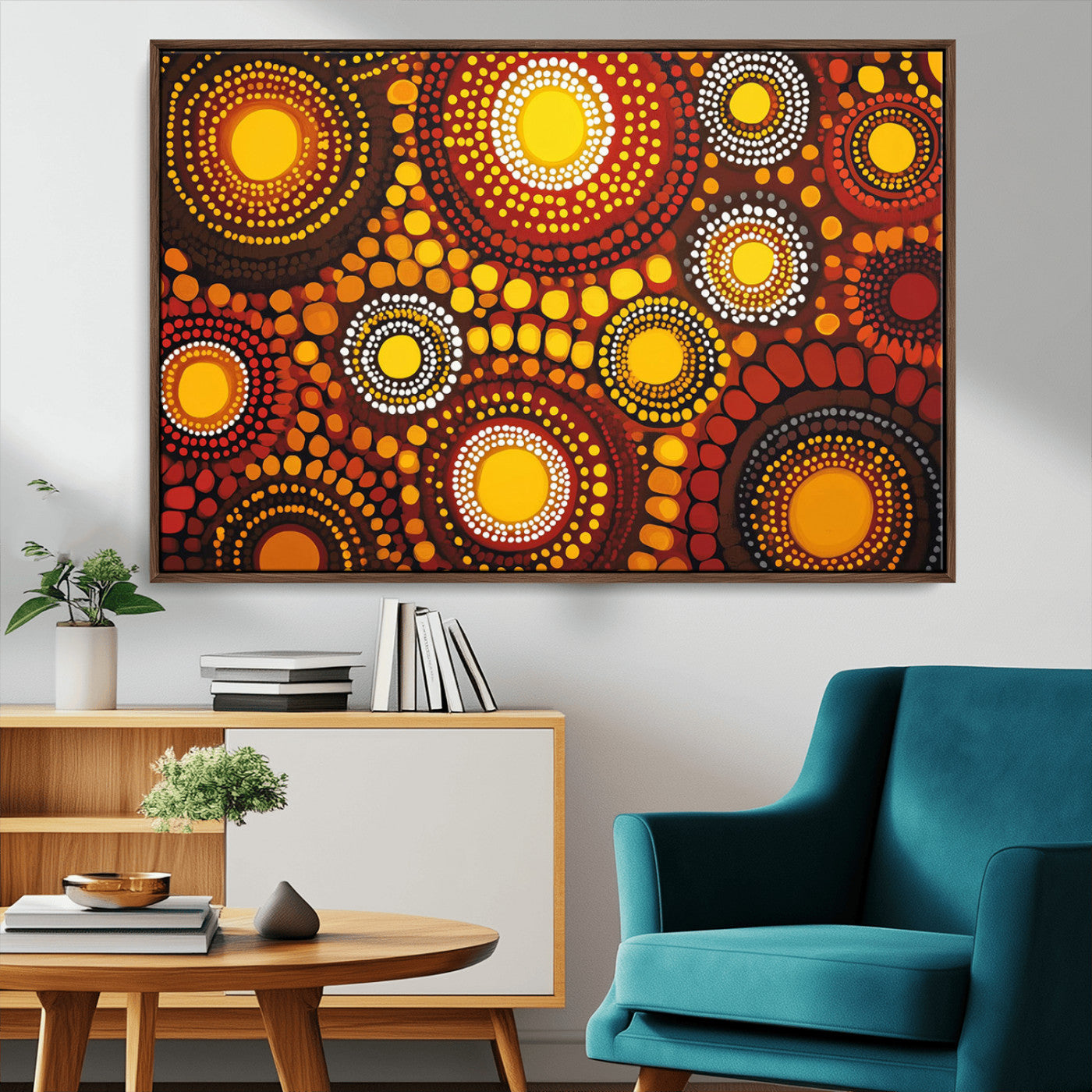 81120549-MGV-CV-36X24-Abstract Dot Painting Wall Art – Vibrant Tribal Boho Style Canvas Print with Sunburst Mandala Circles in Warm Red, Yellow, Orange