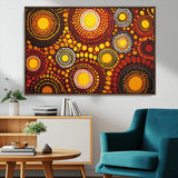 81120549-MGV-CV-36X24-Abstract Dot Painting Wall Art – Vibrant Tribal Boho Style Canvas Print with Sunburst Mandala Circles in Warm Red, Yellow, Orange