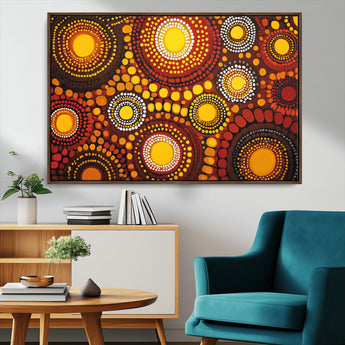 81120549-MGV-CV-36X24-Abstract Dot Painting Wall Art – Vibrant Tribal Boho Style Canvas Print with Sunburst Mandala Circles in Warm Red, Yellow, Orange