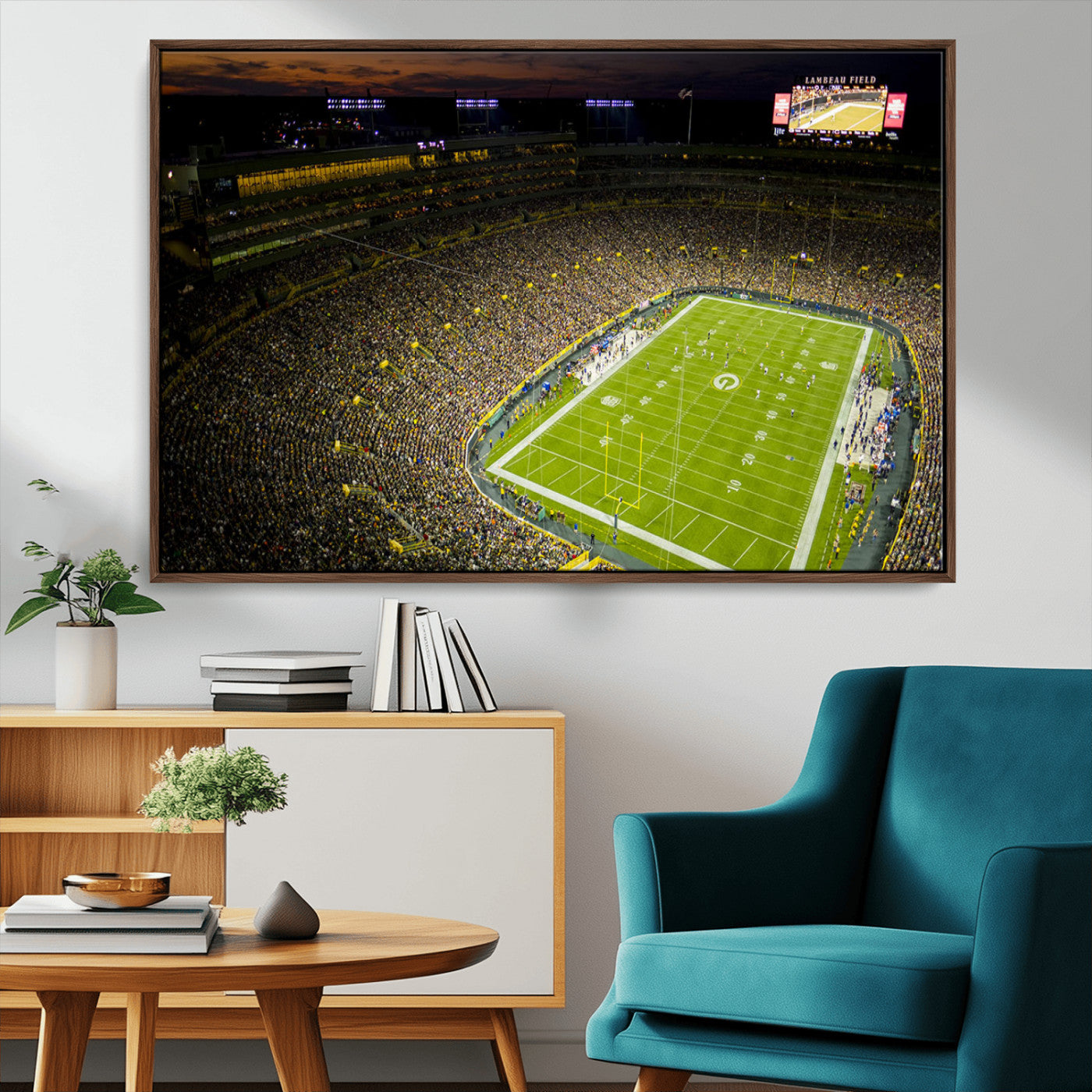 23655234-MGV-CV-36X24-Lambeau Field Stadium Wall Art – American Football Night Game Canvas Print with Packed Crowd and Lights – Sports Decor for Man