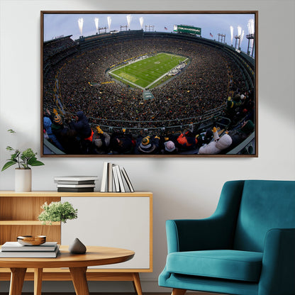 14387817-MGV-CV-36X24-Lambeau Field Stadium Wall Art – Green Bay Packers Game Day Canvas Print with Fireworks and Crowd – NFL Football Fan Man Cave