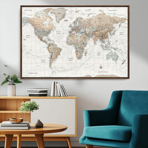 11796935-MGV-CV-36X24-Neutral World Map Wall Art – Vintage Style Beige and Brown Canvas Print – Large Travel Map Poster for Home, Office, Study, or