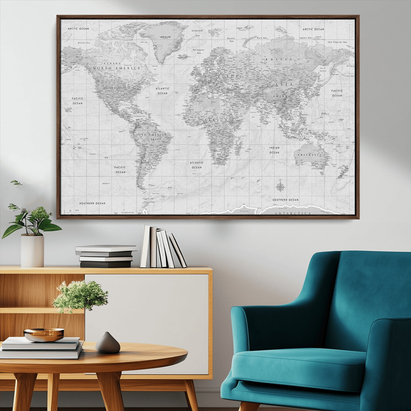 10516725-MGV-CV-36X24-Black and White World Map Wall Art – Minimalist Grayscale Canvas Print – Modern Detailed Travel Map Poster for Home, Office, or