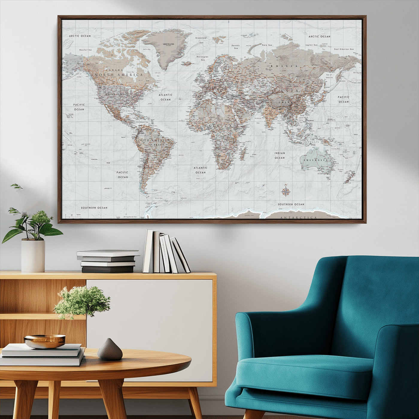 59737235-MGV-CV-36X24-Muted Gray & Copper World Map Wall Art – Modern Vintage Canvas Print – Neutral Gray and Brown Detailed Travel Map for Office,