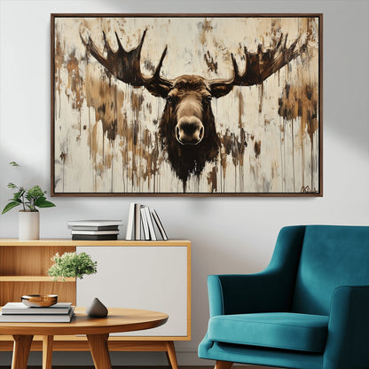 34496536-MGV-CV-36X24-Rustic Moose Wall Art – Modern Abstract Animal Canvas Print – Majestic Moose Head Painting with Neutral Earth Tones for Cabin,