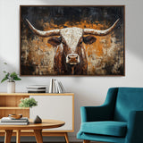 25265572-MGV-CV-36X24-Longhorn Bull Wall Art – Rustic Western Texas Steer Canvas Print, Textured Animal Painting for Home, Office, Man Cave or Farmhouse