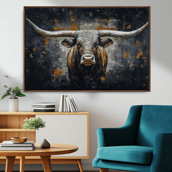 93195031-MGV-CV-36X24-Dark Longhorn Bull Wall Art – Western Steer Canvas Print, Moody Rustic Animal Painting for Man Cave, Ranch House, Office or Modern