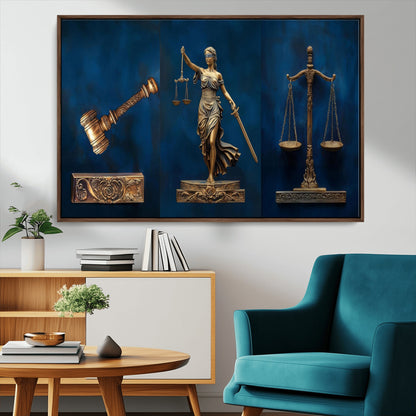 91629053-MGV-CV-36X24-Lady Justice Wall Art – Golden Gavel and Scales Canvas Print, Elegant Legal Office Decor for Lawyers, Judges, Courtroom or Study