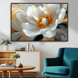 39604126-MGV-CV-36X24-Abstract Flower Wall Art – Elegant White and Gold Bloom Canvas Print, Modern Floral Artwork for Bedroom, Living Room, or Office