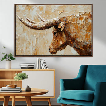 69611428-MGV-CV-36X24-Longhorn Bull Wall Art – Rustic Western Canvas Print, Textured Farmhouse Cattle Painting for Living Room, Office, or Ranch House