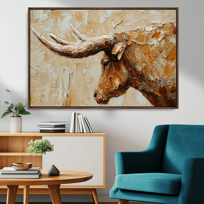 69611428-MGV-CV-36X24-Longhorn Bull Wall Art – Rustic Western Canvas Print, Textured Farmhouse Cattle Painting for Living Room, Office, or Ranch House