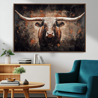 24779067-MGV-CV-36X24-Longhorn Bull Wall Art – Western Rustic Canvas Print, Bold Cowboy Cattle Painting for Ranch House, Farmhouse, Office, or Living