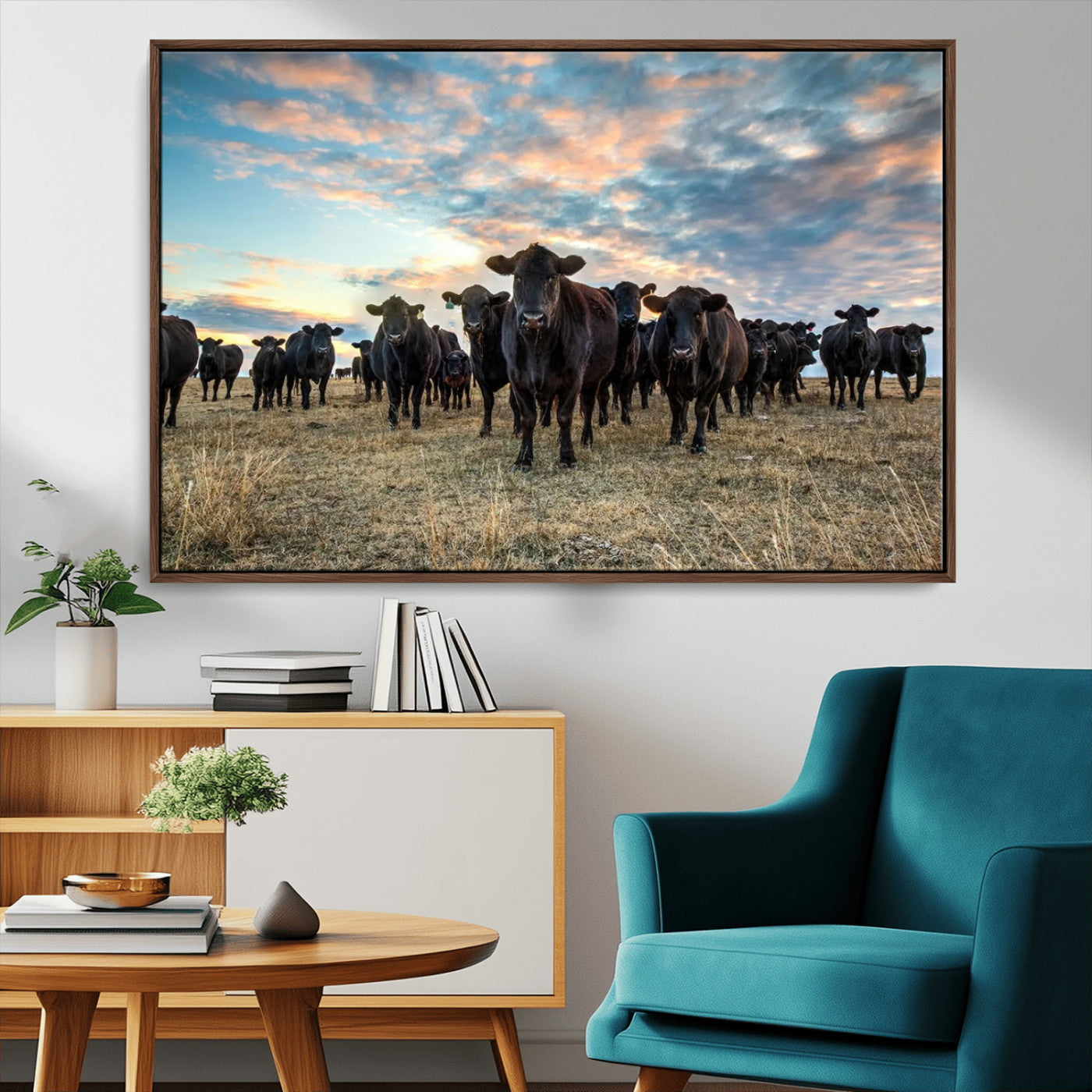 13867292-MGV-CV-36X24-Black Cattle Wall Art – Rustic Ranch Herd Canvas Print, Western Farmhouse Country Landscape Decor for Living Room, Office, or