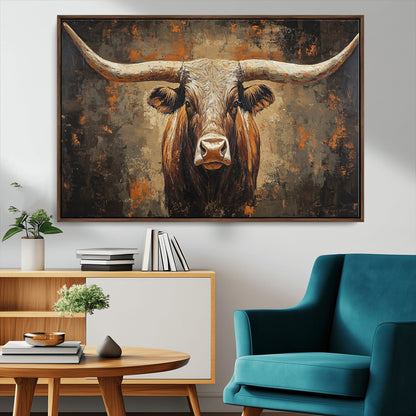 19204445-MGV-CV-36X24-Texas Longhorn Bull Wall Art – Rustic Western Canvas Print, Bold Cowboy Cattle Painting for Ranch House, Farmhouse, Office, or