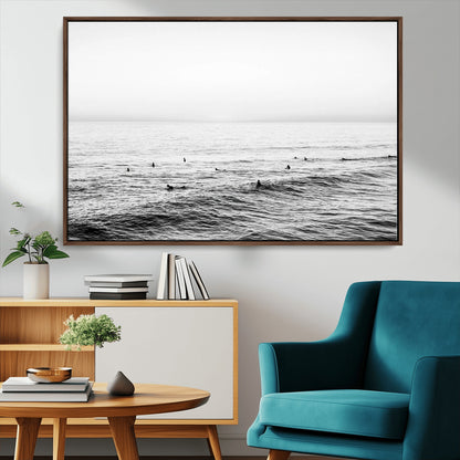 47208268-MGV-CV-36X24-Surfer Ocean Wall Art – Black and White Coastal Canvas Print, Minimalist Surfing Seascape Decor for Living Room, Bedroom, or Beach