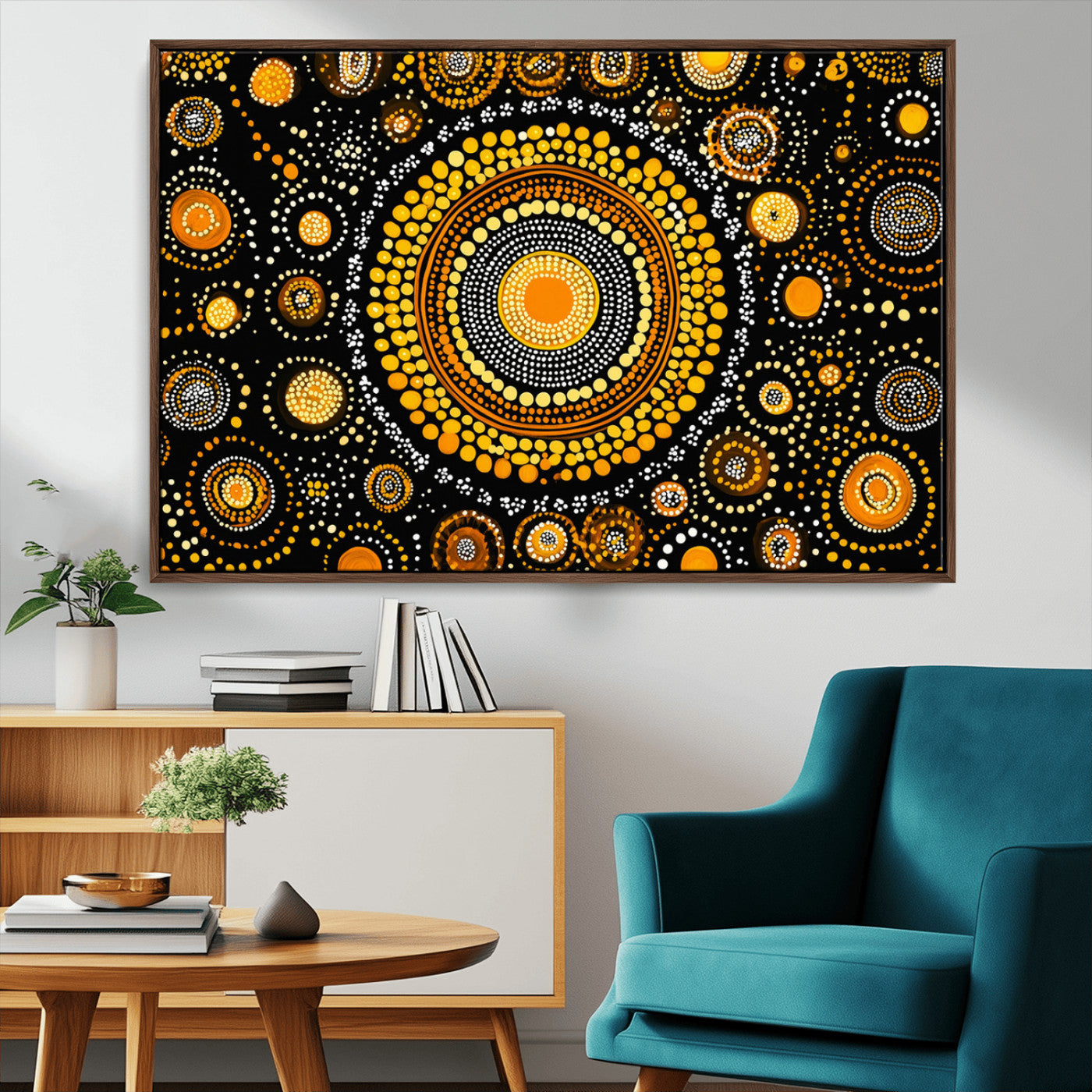 45478523-MGV-CV-36X24-Abstract Circle Wall Art – Bold Black and Gold Dot Painting Canvas Print, Modern Geometric Mandala Style Decor for Living Room or