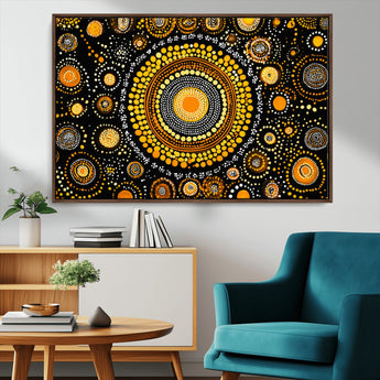 45478523-MGV-CV-36X24-Abstract Circle Wall Art – Bold Black and Gold Dot Painting Canvas Print, Modern Geometric Mandala Style Decor for Living Room or