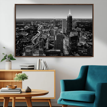 46578567-MGV-CV-36X24-Atlanta Skyline Wall Art – Black and White Cityscape Canvas Print, Modern Urban Night Decor for Office, Living Room, or Apartment