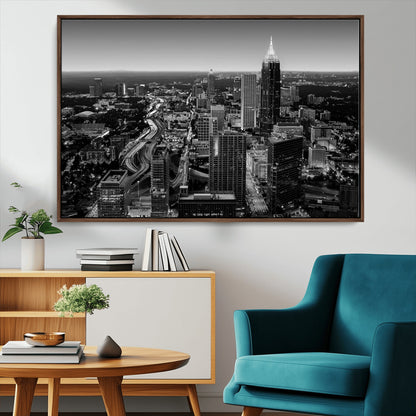 46578567-MGV-CV-36X24-Atlanta Skyline Wall Art – Black and White Cityscape Canvas Print, Modern Urban Night Decor for Office, Living Room, or Apartment