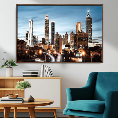 23859158-MGV-CV-36X24-Atlanta Skyline Wall Art – Modern Cityscape Canvas Print with Night Lights and Traffic Trails, Urban Decor for Office, Apartment,