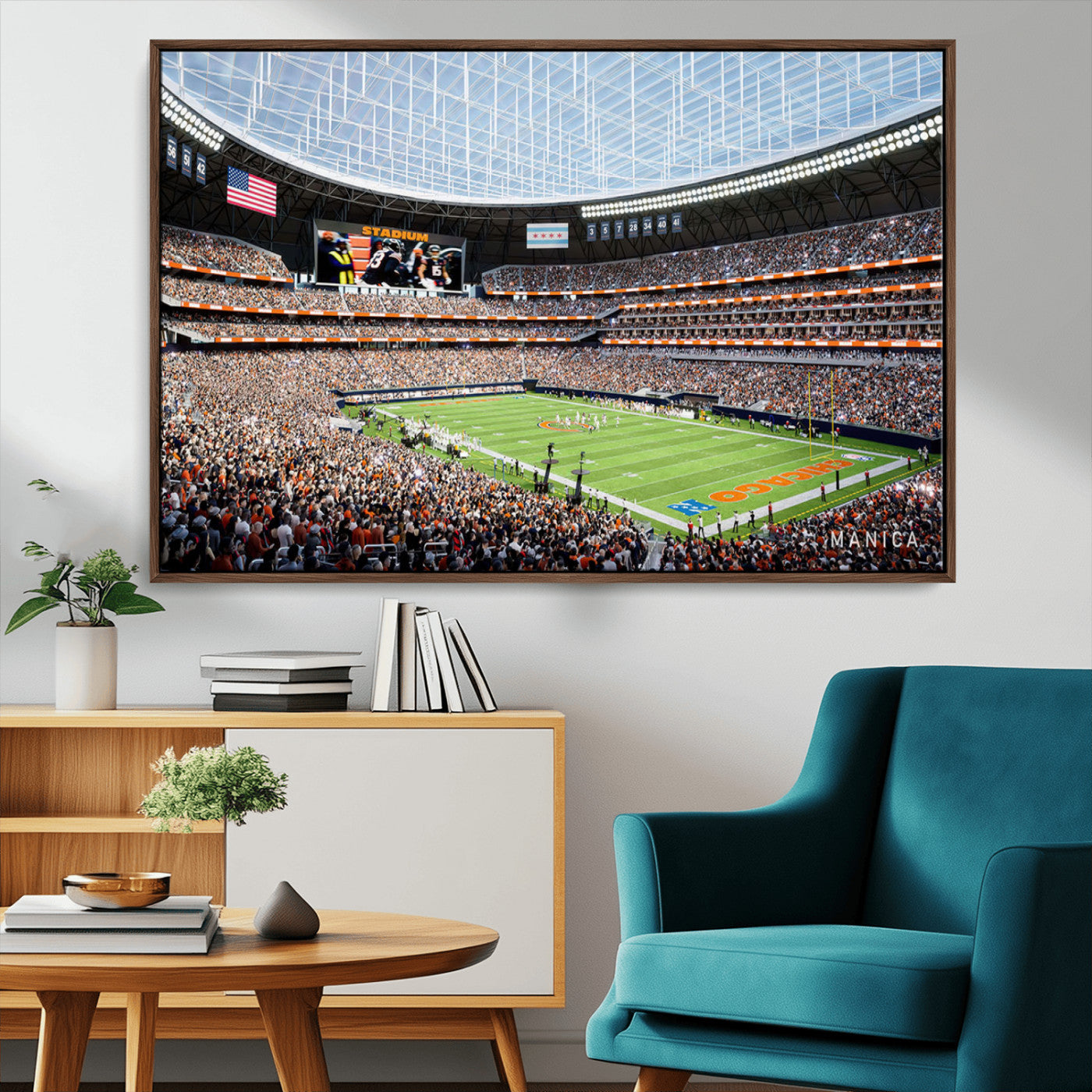 32530647-MGV-CV-36X24-Chicago Bears Stadium Wall Art – Futuristic Dome Arena Canvas Print, Modern Football Concept Design Decor for Man Cave, Bar, or