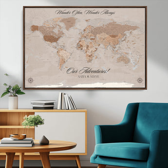 95243244-MGV-CV-36X24-Wander Often Wonder Always World Map Wall Art – Neutral Beige Adventure Canvas Print, Rustic Boho Travel Decor for Bedroom, Living
