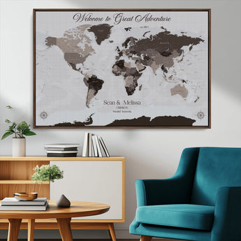 43749658-MGV-CV-36X24-Welcome to Great Adventure World Map Wall Art – Charcoal Gray Canvas Print, Rustic Travel Decor for Living Room, Study, Office or