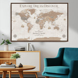 63516865-MGV-CV-36X24-Explore Dream Discover World Map Wall Art – Inspirational Travel Adventure Canvas Print, Neutral Parchment Style Explorer Decor