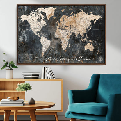 37848568-MGV-CV-36X24-Life is a Journey Not a Destination World Map Rustic Wood Texture Vintage Beige Navy Adventure Wall Art Canvas Print for Home