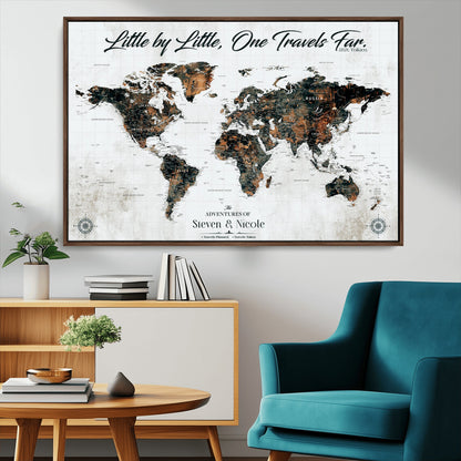 88337180-MGV-CV-36X24-Little by Little One Travels Far Tolkien Quote World Map Rustic Black Brown Adventure Wall Art Canvas Print for Home Office Living