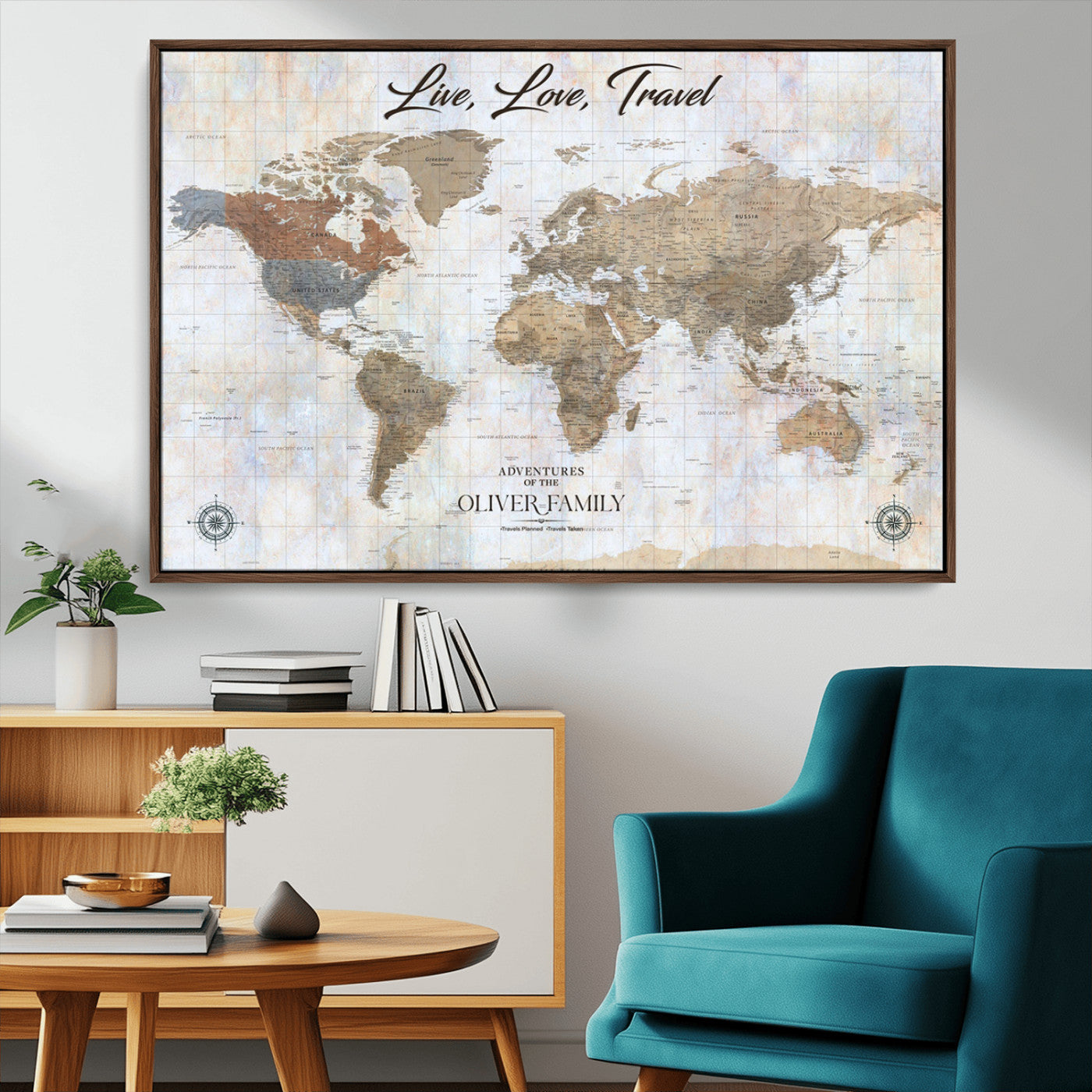 43924907-MGV-CV-36X24-Live Love Travel Wall Art – Neutral World Map Canvas Print, Rustic Adventure Decor for Home, Office or Living Room, Unique Gift