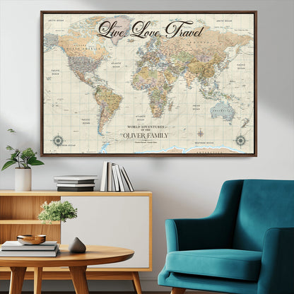 19479008-MGV-CV-36X24-Live Love Travel Wall Art – Detailed World Map Canvas Print, Adventure Decor for Living Room, Office or Bedroom, Travel Gift for