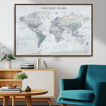 TEST111-MGV-CV-36X24-Personalized Adventure Awaits Push Pin World Map – Custom Framed Travel Tracker Canvas Wall Art for Home, Office