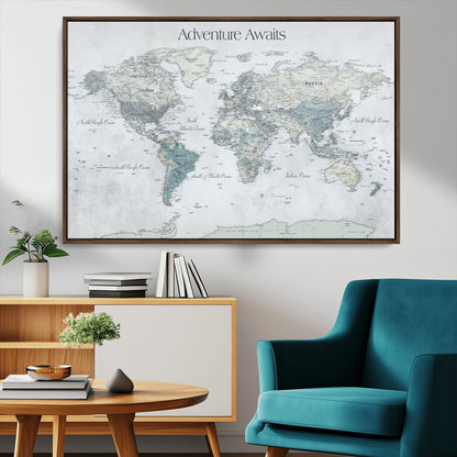 TEST111-MGV-CV-36X24-Personalized Adventure Awaits Push Pin World Map – Custom Framed Travel Tracker Canvas Wall Art for Home, Office