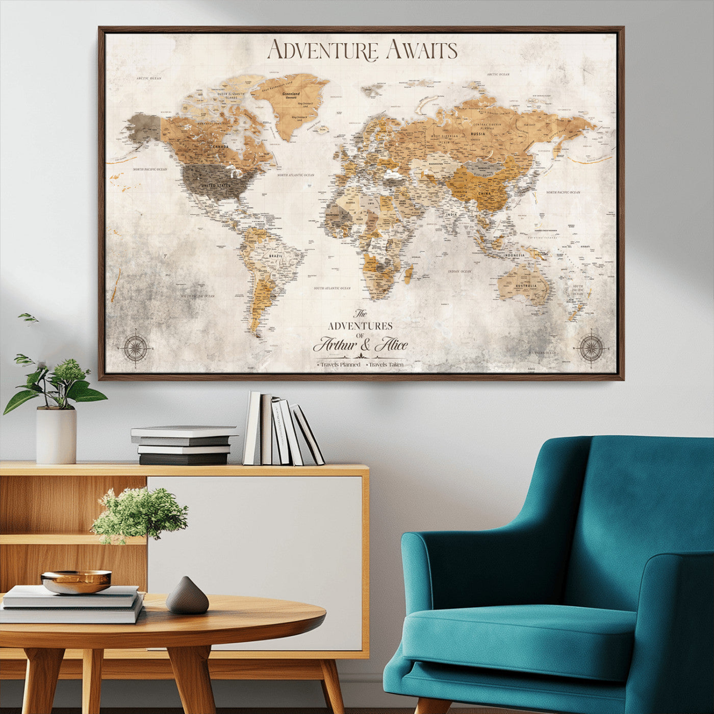 99422096-MGV-CV-36X24-Adventure Awaits World Map Wall Art – Neutral Beige Canvas Print, Modern Travel Inspired Wall Decor for Living Room, Bedroom or