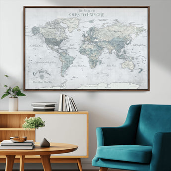 94249974-MGV-CV-36X24-Ours Explore World Map Wall Art – Modern Travel Canvas Print, Neutral Adventure Decor for Living Room, Office, Study, Bedroom,